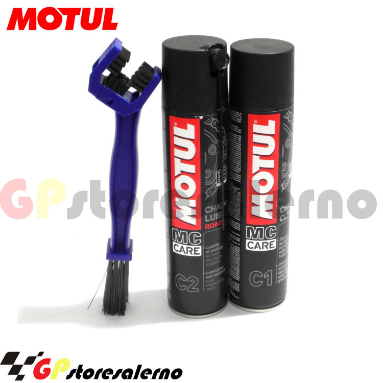 Immagine di KIT COMPLETO PULIZIA CATENA MOTO PULITORE + SPAZZOLA + GRASSO LUBRIFICANTE ROAD MOTUL