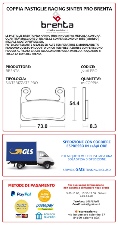 Immagine di 7206 PRO COPPIA PASTIGLIE BRENTA RACING SINTERIZZATE PRO BMW S 1000 R PER PINZA BMW NON PER PINZA BREMBO 2019 2020