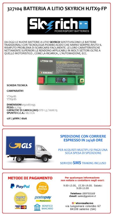 Immagine di 0675099SR BATTERIA A LITIO SKYRICH POTENTE EQUIVALENTE YTX9-BS FANTIC MOTOR 500 CABALLERO RALLY DAL 2019 AL 2020