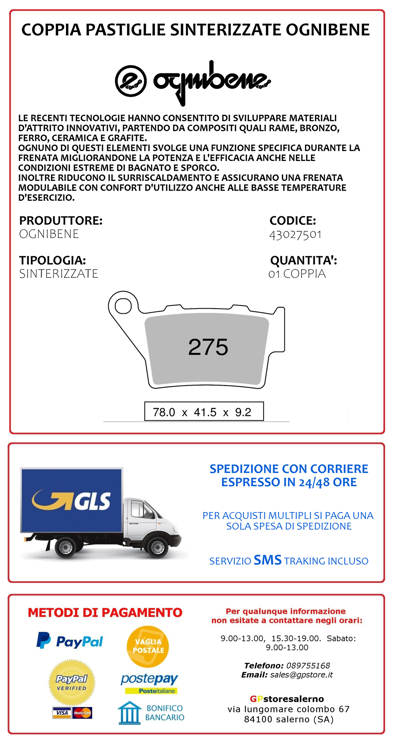 Immagine di 43027501 PASTIGLIE POSTERIORI SINTERIZZATE OGNIBENE APRILIA PEGASO 650 / CUBE / I.E. DAL 2001 AL 2004