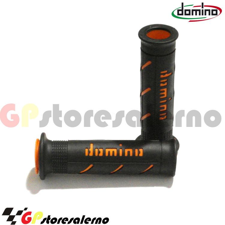 Immagine di A250 COPPIA MANOPOLE DOMINO FORATE DIAMETRO 22 ROAD RACING COLORE NERO-ARANCIO