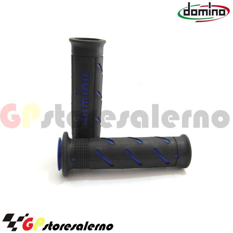 Immagine di A250 COPPIA MANOPOLE DOMINO FORATE DIAMETRO 22 ROAD RACING COLORE NERO-BLU