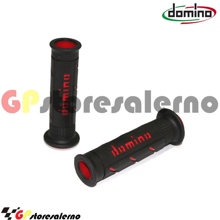 Immagine di A250 COPPIA MANOPOLE DOMINO FORATE DIAMETRO 22 ROAD RACING COLORE NERO-ROSSO