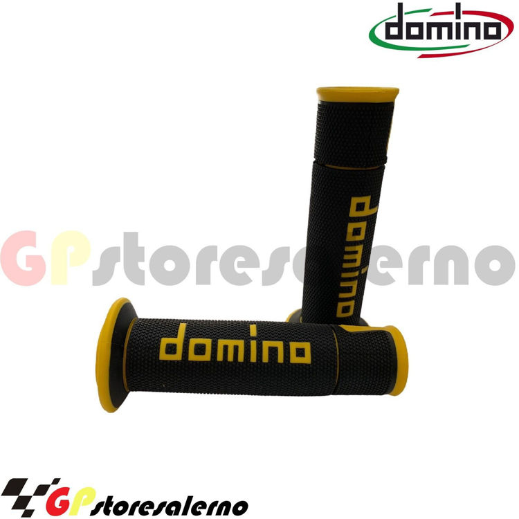 Immagine di A450 COPPIA MANOPOLE DOMINO FORATE DIAMETRO 22 ROAD RACING COLORE NERO-GIALLO