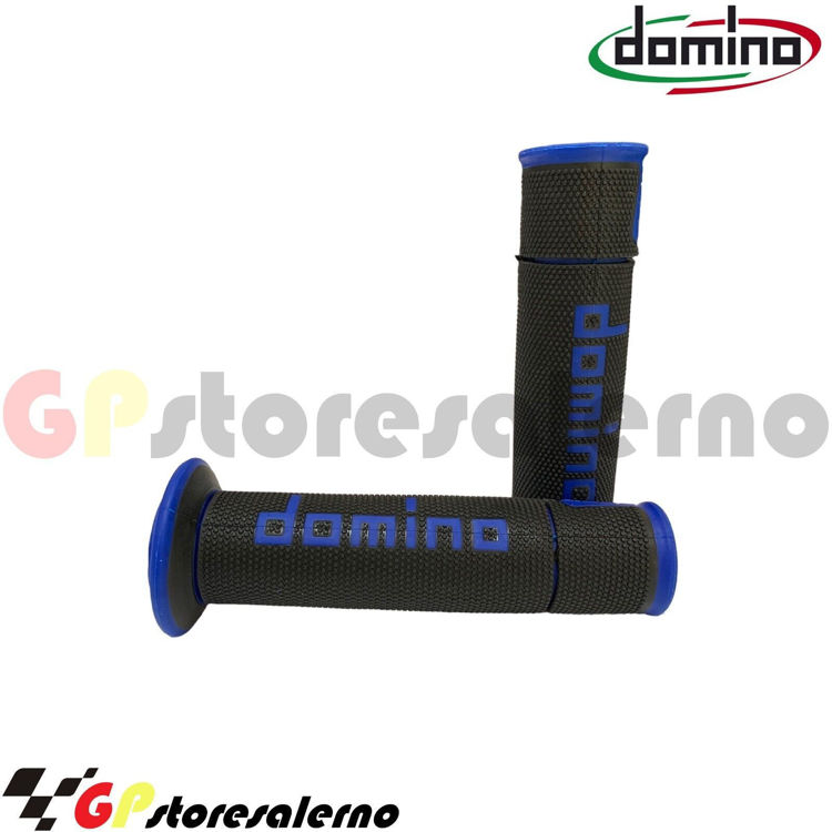 Immagine di A450 COPPIA MANOPOLE DOMINO FORATE DIAMETRO 22 ROAD RACING COLORE NERO-BLU