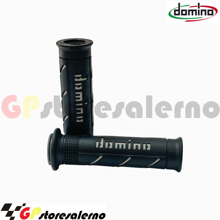 Immagine di A250 COPPIA MANOPOLE DOMINO FORATE DIAMETRO 22 ROAD RACING COLORE NERO-GRIGIO