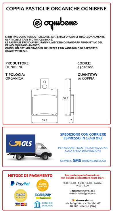 Immagine di 43028200 COPPIA PASTIGLIE FRENO POSTERIORI ORGANICHE OGNIBENE TROFEO BETA MOTOR 50 KR DAL 1986 AL 1988