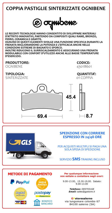 Immagine di 43018601 COPPIA PASTIGLIE ANTERIORI SINTERIZZATE OGNIBENE PER BMW 310 G GS DAL 2017 AL 2024