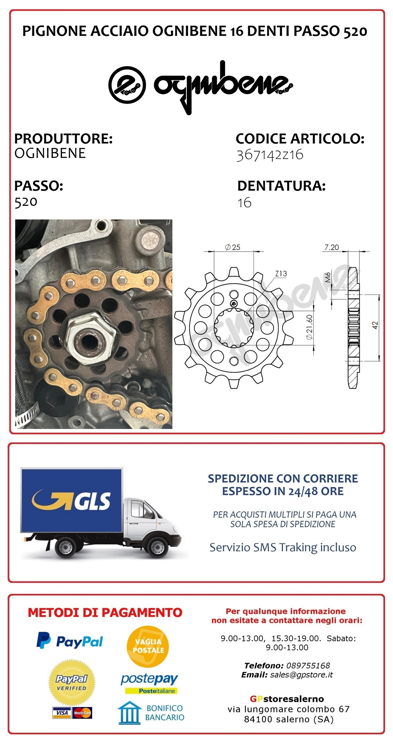 Immagine di 367142Z16 PIGNONE OGNIBENE RACING ALLEGGERITO IN ACCIAIO PASSSO 520 Z 16 PER KAWASAKI 750 ZX7-R DAL 1996 AL 2002