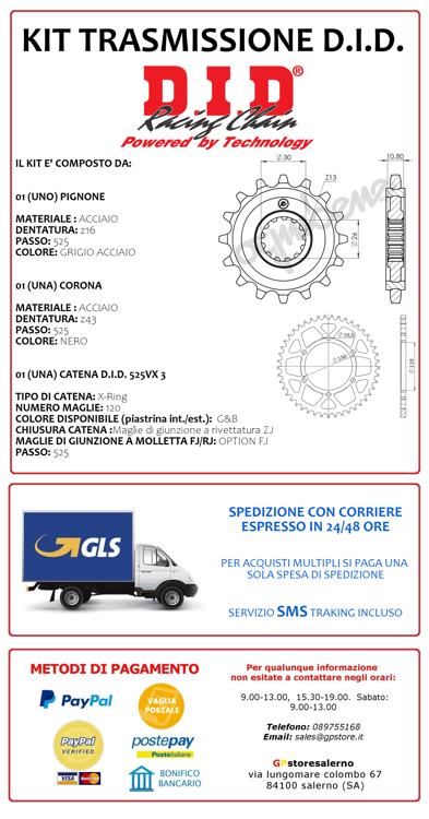 Immagine di gp16 KIT TRASMISSIONE DID CATENA PASSO 525 VX3 CORONA E PIGNONE 16/43 PER YAMAHA 700 MT 07 DAL 2014 AL 2024