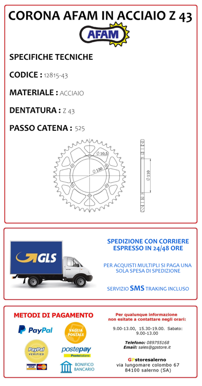 Immagine di 12815-43 CORONA CORONA IN ACCIAIO AFAM PASSO 525 Z 43 PER YAMAHA 700 MT 07 DAL 2014 AL 2020