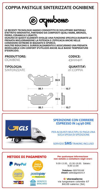 Immagine di 43020401 PASTIGLIE POSTERIORI SINTERIZZATE OGNIBENE BUELL 900 XB9S LIGHTNING DAL 2003 AL 2004