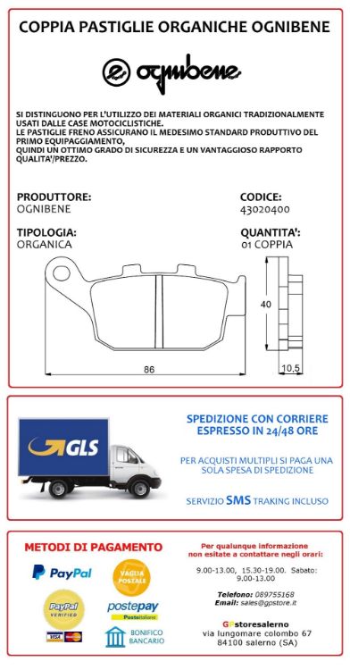 Immagine di 43020400 PASTIGLIE POSTERIORI ORGANICHE OGNIBENE BUELL 900 XB9S LIGHTNING DAL 2003 AL 2004