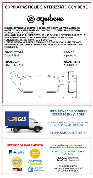 Immagine di 43020201 COPPIA PASTIGLIE FRENO ANTERIORI SINTERIZZATE OGNIBENE TROFEO HONDA 150 SH DD DAL 2013 AL 2016