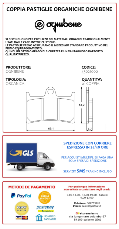 Immagine di 43021000 PASTIGLIE ANTERIORI ORGANICHE OGNIBENE PER YAMAHA 1000 YZF R1 DAL 1998 AL 2006